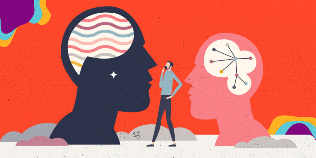 Illustration of two silhouetted heads with a person standing between them, representing behavior change